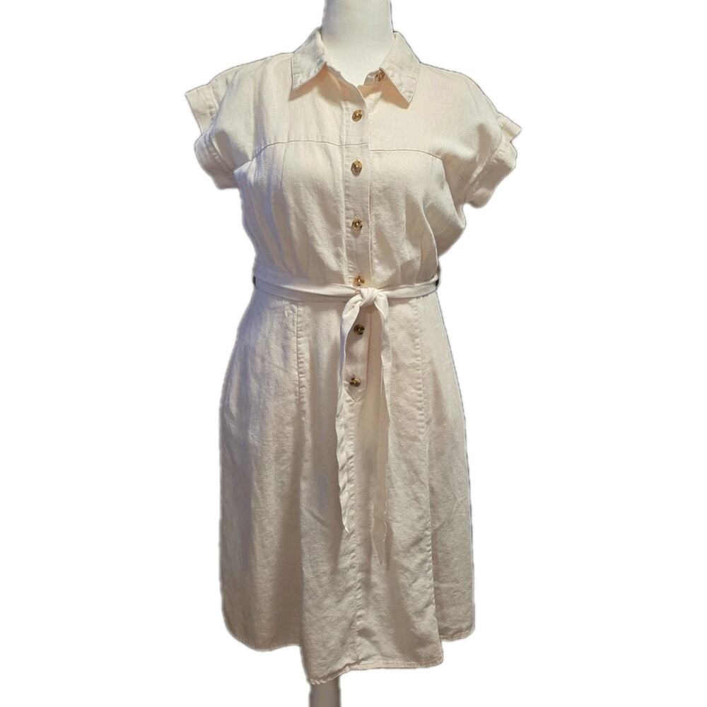 Linen Blend Shirt Dress Size 10 CALVIN KLEIN Belted Minimalist Earthy Neutral